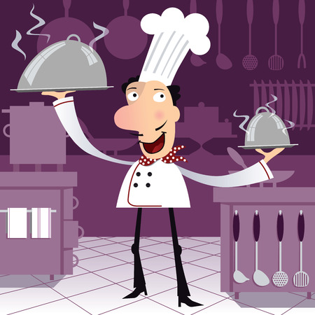 Happy french chef in the kitchen holding two dishes  Cartoon character on purple background のイラスト素材