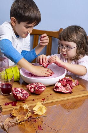 Young boy and girl siblings squeeze pomegranate juice, making a mess. Face and clothes dirty with red spots. Healthy food concept.の写真素材
