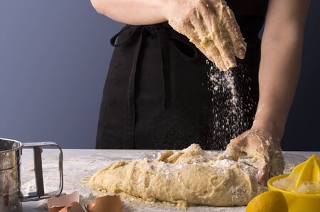 Female baker hands making dough for a homemade sweet bread. Fresh and dry ingrediends of lemons and...