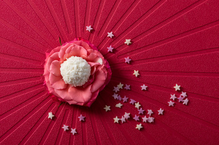 Coconut balls, ehite chocolate rafaello candies. Vegetarian round tasty dessert for romantic...