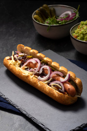 Gourmet dirty hot dog sandwich with various garnish on black stone background. Healthy option of fast food.の写真素材
