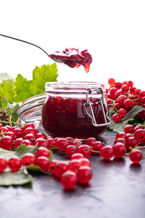 Homemade red currant jam preparation with fresh fruits