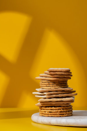 Set of different savoury crackers on a marble cheese board, on yellow background with a window frame shape shadowの写真素材