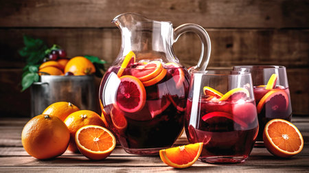 Pitcher and glasses with sangria on the wooden background. Fresh oranges. AI-generatedの素材