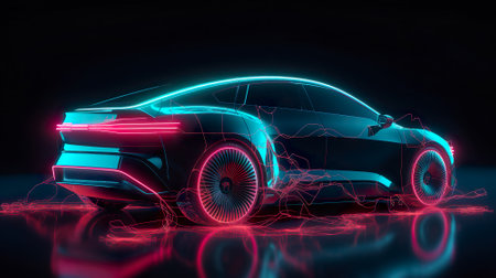 Futuristic car with neon lighting on the black background. AI-generated.の素材