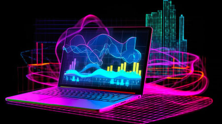 Graph colorful drawing on the laptop screen. Neon colors on the black background. AI-generated.の素材
