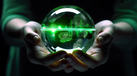 Glass globe with nature landscape inside in human's hands like a symbol of ecology. AI-generated.の素材