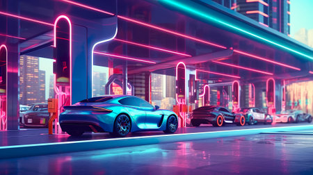 Electric car charging in the furutistic city with neon lighting. AI-generated.の素材