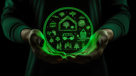 Neon circle with icons symbolizing ecology in the human's hands. AI-generated.の素材