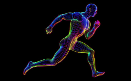 Running man, outline illustration, neon colors on the black background. AI-generated.の素材