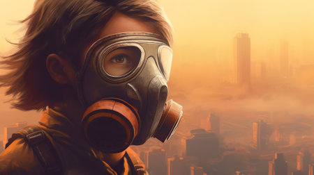 Girl in a respirator mask in front of a smoke-filled city. AI-generated.の素材