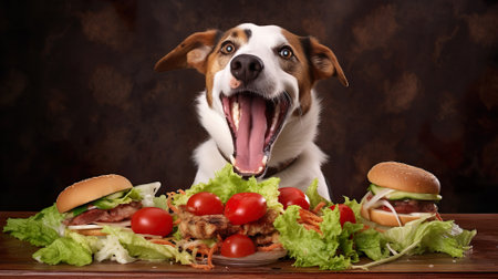 Happy funny dog with hamburgers. AI-generated.の素材