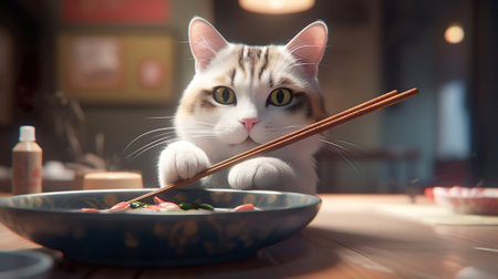 Cute cat with chopsticks and a plate. AI-generated.の素材