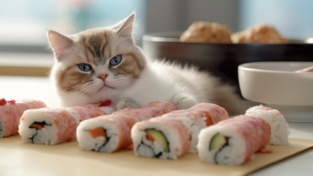 Cute cat and a sushi set on the table. AI-generated.の素材