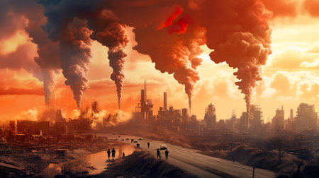 Air pollution caused by smoke emission, apocalyptic panorama. AI-generated.の素材