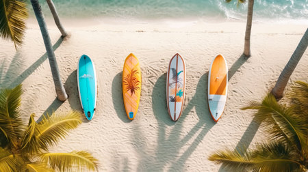 Surfboards and palm trees on a beautiful white sandy beach. AI-generated.の素材