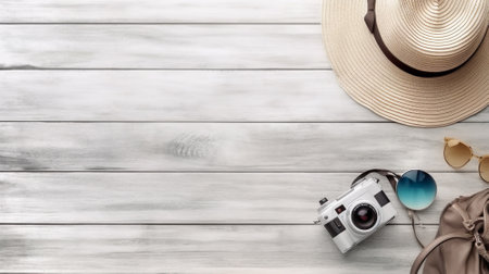 Travel items on a white wooden background. See from above. AI-generated.の素材