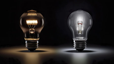 Light bulbs on a black background. Generative AI.の素材