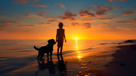 Silhouette of little girl and her dog. Calm sea with reflection. Sunset time. Generative AI.の素材
