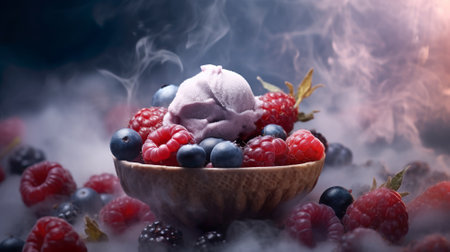 Raspberry ice cream on the dark background with fog. Generative AI.の素材