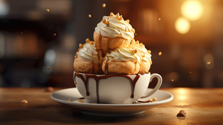 Profiteroles with cream in a cup of chocolate. Beautiful lighting. Generative AI.の素材