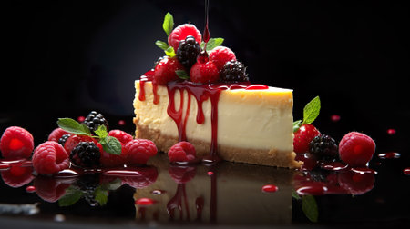 Cheesecake with fresh berries on black background with reflection. Generative AI.の素材