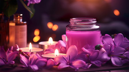 Spa theme with candles and flowers. Generative AI.の素材