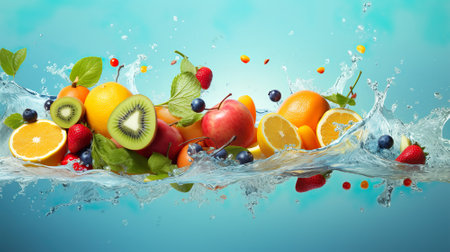 Fresh fruits falling in water. Generative AI.の素材