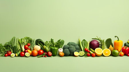 Selection of healthy food on light green background. Space for text. Generative AI.の素材