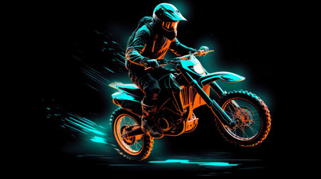 Motocross jump in neon colors, black background. Generative AI.の素材