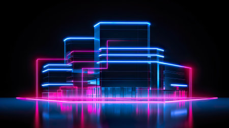 Modern building in outline style, neon colors. Generative AI.の素材