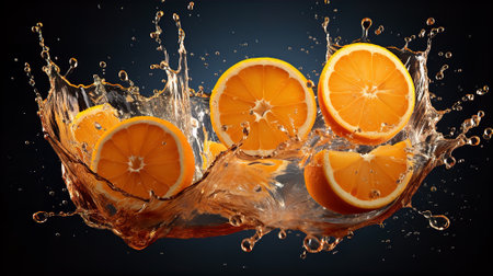 Juicy sliced oranges in splashes of water. Generative AI.の素材