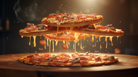 Levitating pizza with melted flowing cheese in beautiful lighting. Generative AI.の素材