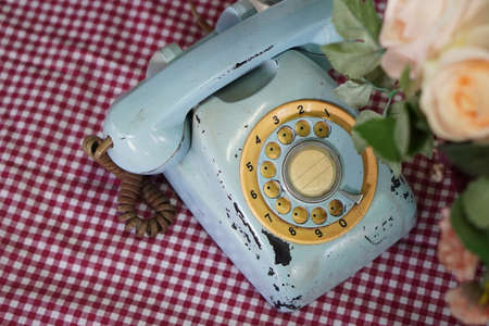 beautiful antique blue and white telephone on red and white carpetの写真素材