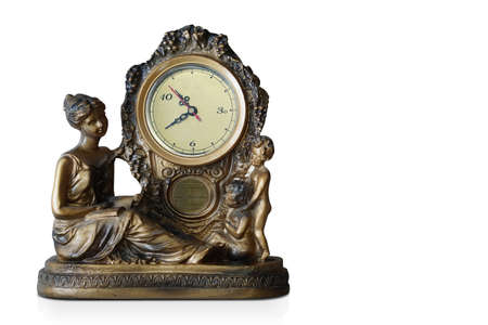 Front view Antique Table clock on white background, object, vintage, copy space