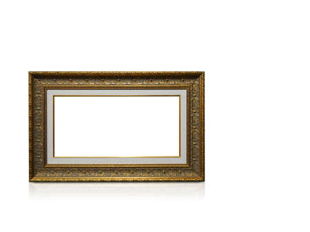 Golden rectangular frame placed on white backgroundの写真素材