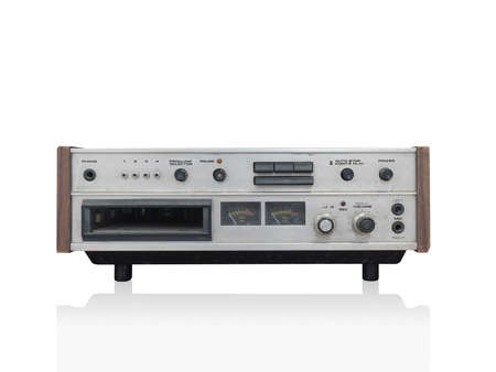 front view silver and wooden video and stereo on white background, object, technology, copy space