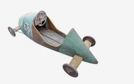 antique green and brown toy car on white background, object, transportation, copy space