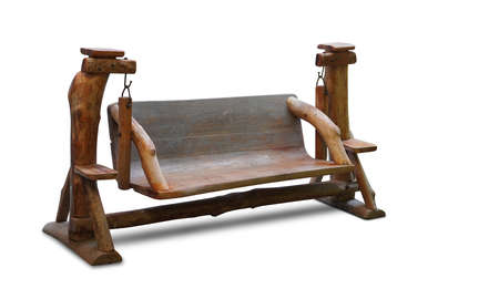 wooden swing chair on white background, object, furniture, vintage, retro, copy spaceの写真素材