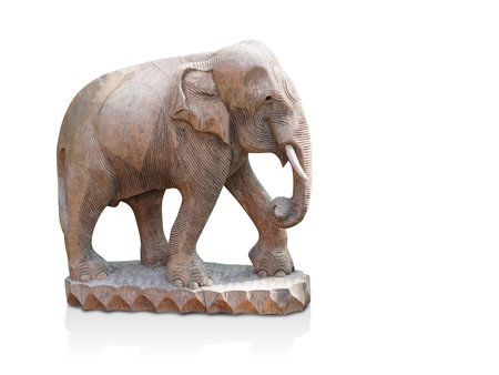 side view beautiful wooden elephant on wooden stand on white background, animal, object, decoration, copy spaceの写真素材