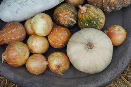 top view vegetables, melon, onion, hashed pumpkin, placed on a wooden tray on a strawの写真素材