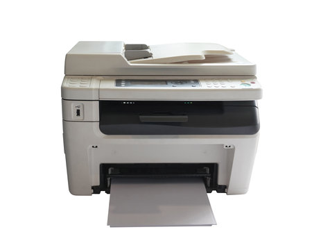 front view beautiful white and gray printer and paper on white background,technology, object, copy...
