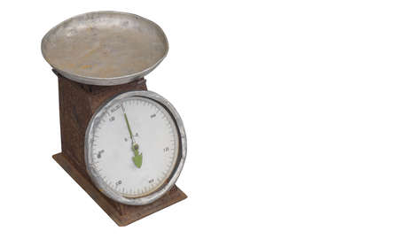 antique brown weighing scale on white background, object, old, rust, copy spaceの写真素材