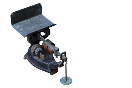 top view ancient black weight scales on white background, object, vintage, copy spaceの写真素材