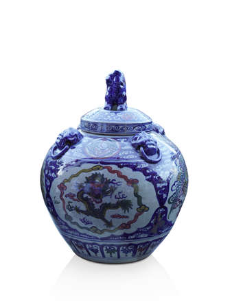 Di cut antique beautiful blue ceramic jar and ceramic lid on white background, object, copy spaceの写真素材