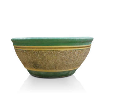 green and yellow stone pot on white background, object, decor, vintage, copy space