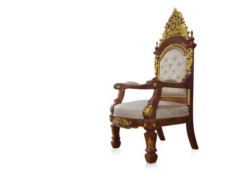 beautiful cream fabric on brown and gold wood chair on white background, furniture, object, decor,...