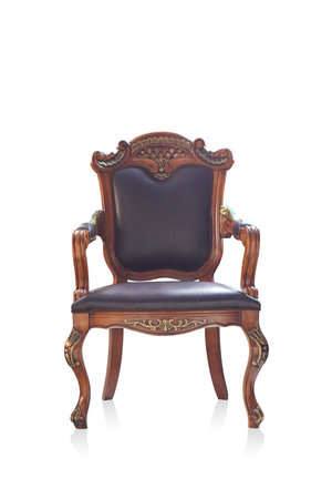 front view brown leather and brown wooden upholstered chair on white background, object, decor, furniture, fashion, home, house, copy spaceの写真素材