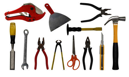 electrical equipment, construction tools,hammer, lock cream, cutter, combination wrench, toot, scissors on white backgroundの写真素材