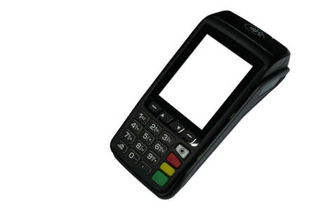 top view, white screen and black credit card swipe on white background, object, technology,...